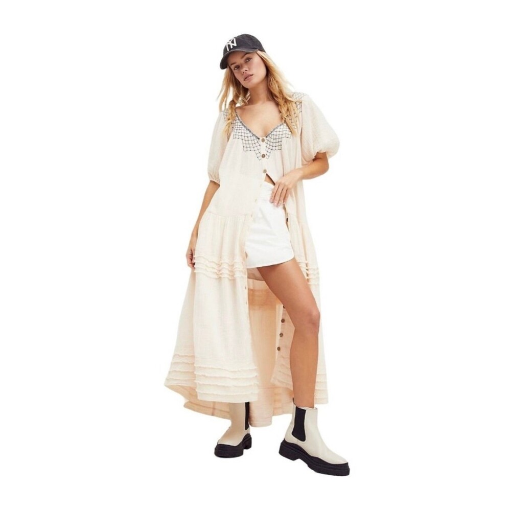 Free People Sunday Stroll Maxi Dress Buttondown Oversized Embroidered S NEW
